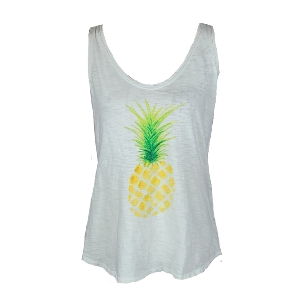Vintage Relaxed Pineapple Tank Top Tee, White, Yellow, Size M